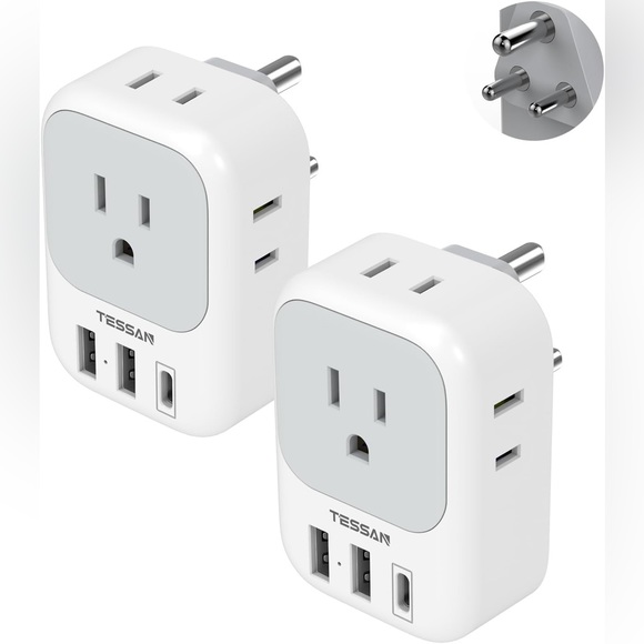 TESSAN Other - US to India Plug Adapter 2 Pack, TESSAN Adapter with 4 Outlets 3 USB Charger